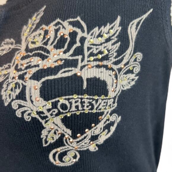Y2K black rhinestone tank top bling roses and heart biker motorcycle casual - Picture 3 of 7